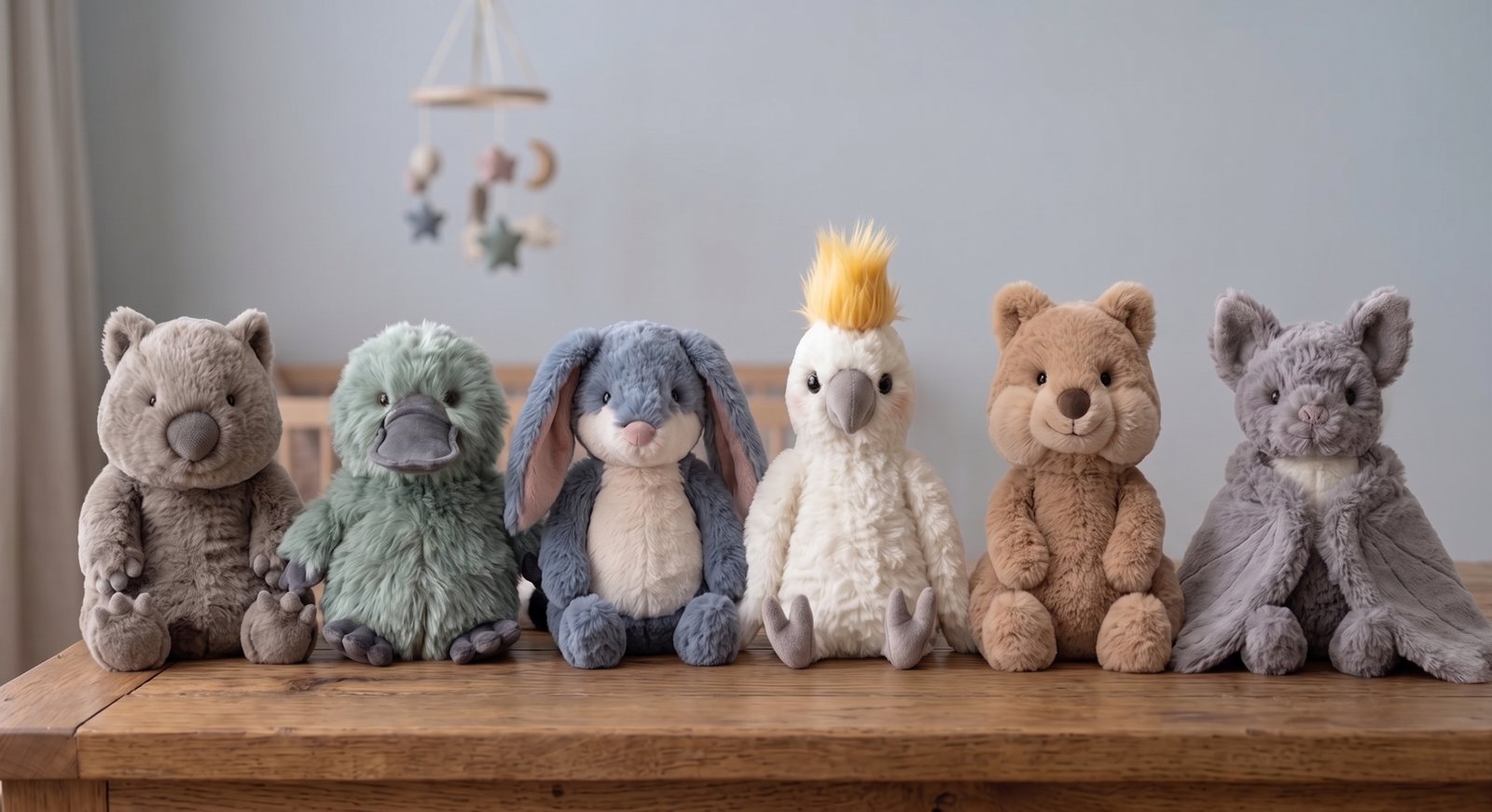 The six Sootheroo plush characters lined up: wombat, fruit bat, platypus, cockatoo, bilby, and quokka