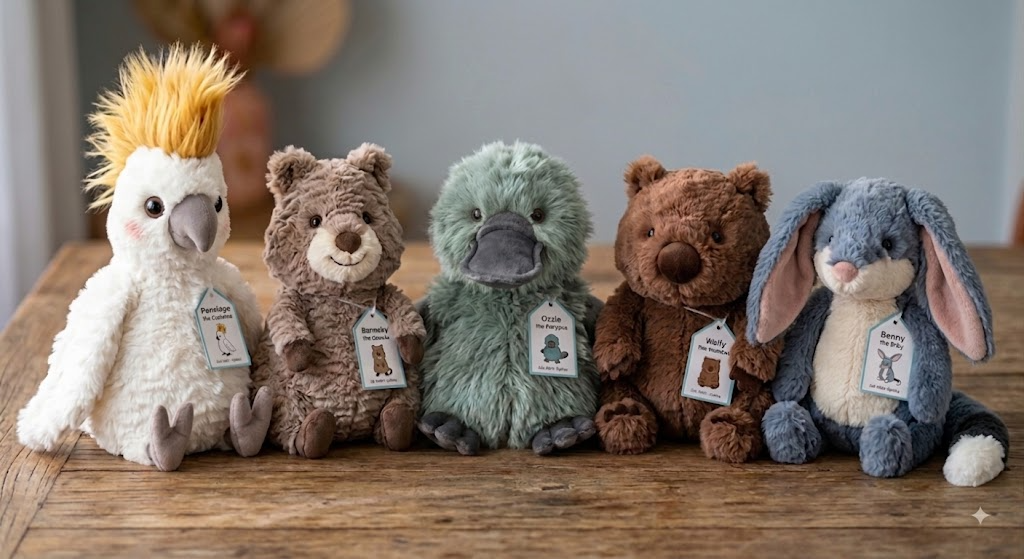The five Sootheroo plush characters lined up on a wooden table: Penelope the Cockatoo, Barnaby the Quokka, Ozzie the Platypus, Wally the Wombat, and Benny the Bilby